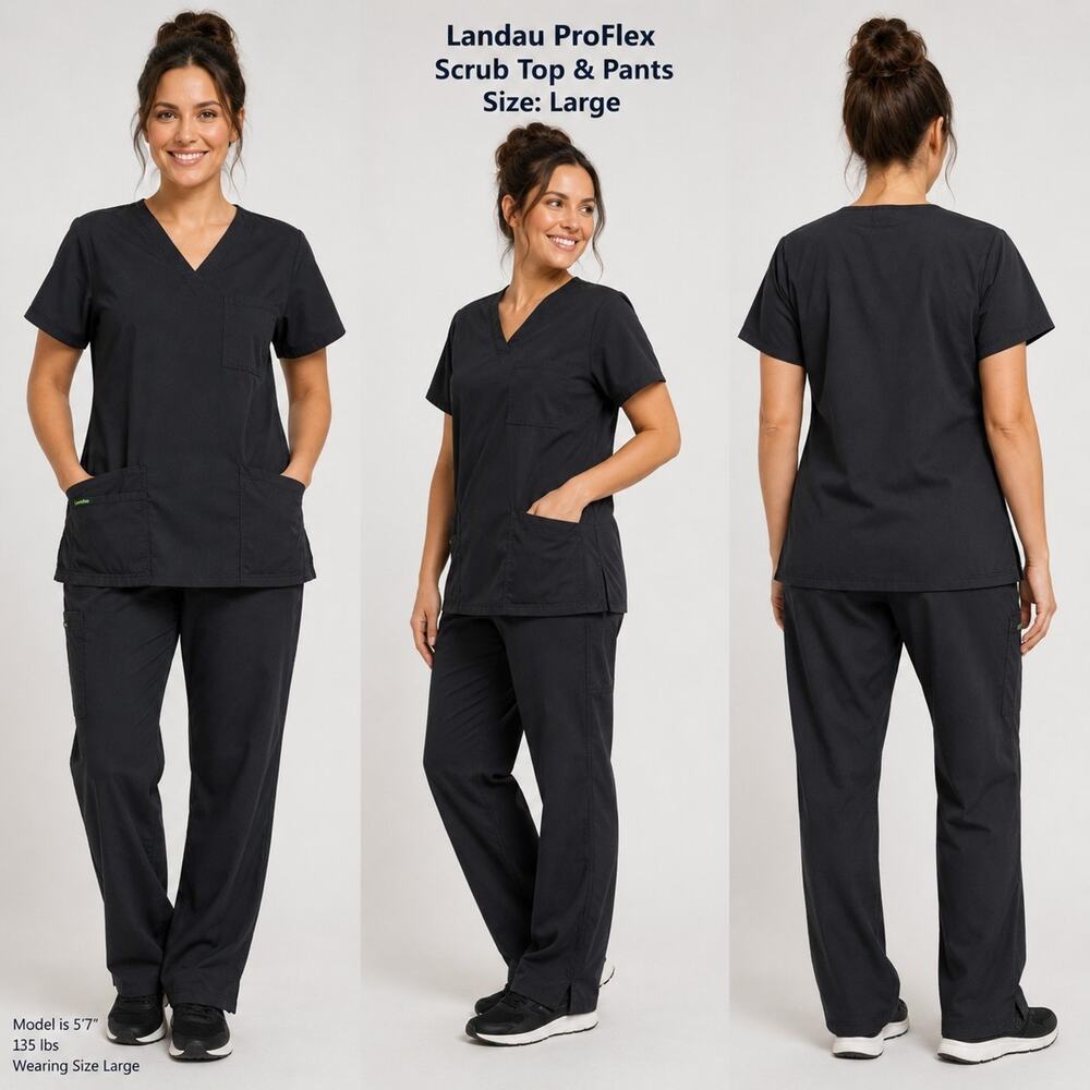 Landau ProFlex 4-Pocket V-Neck Scrubs Modern Fit Blk Size L Top & Pants